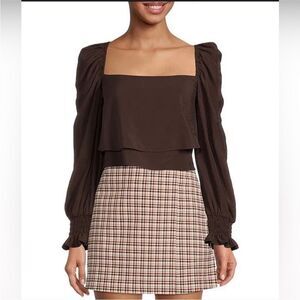 GIANNI BINI Brown Cropped Peasant Blouse Top Puff Sleeve‎ Square Neck Small New